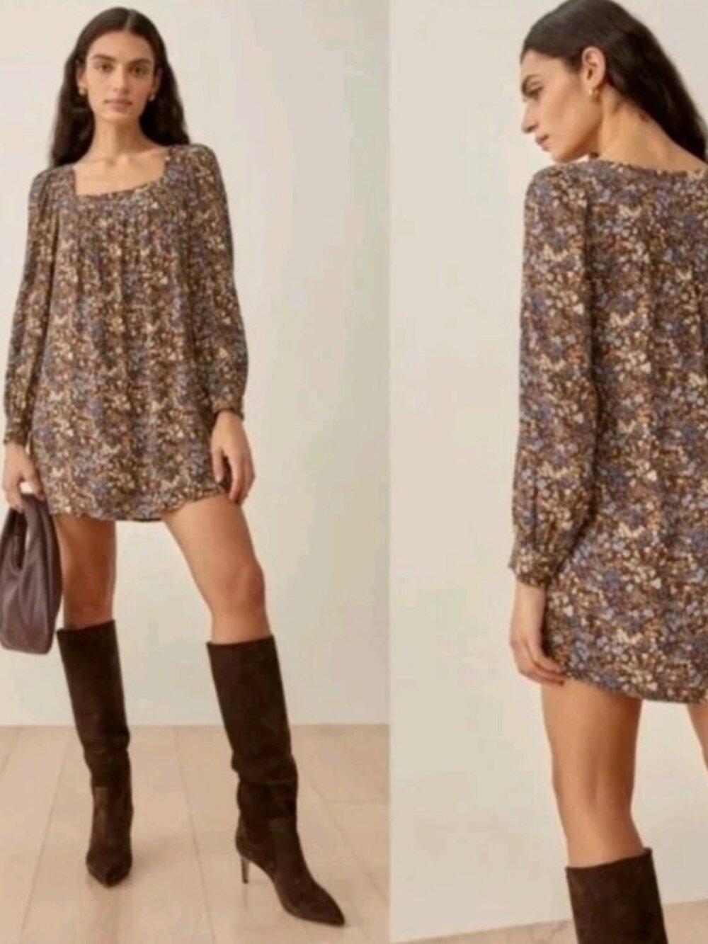 Reformation Blake Floral Boho Romantic Brown Mini Dress in Morel